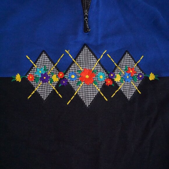 VTG Alfred Dunner Black Blue Floral Quarter Zip Sweatshirt Eclectic Grandpa M - Picture 8 of 9